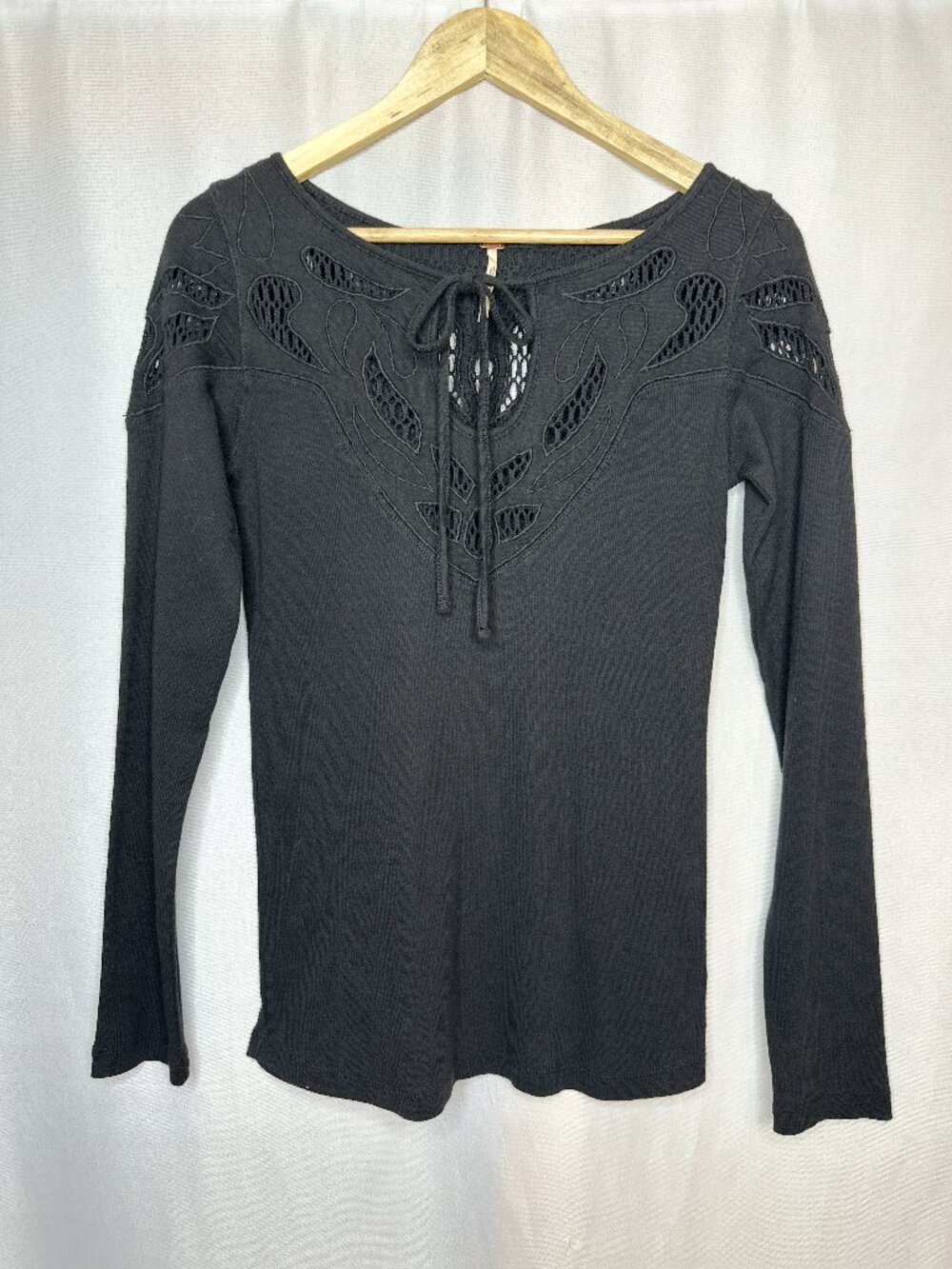 Free People With Love Crochet Cut Black Top, LARGE Boho Dark Fairy Coquette